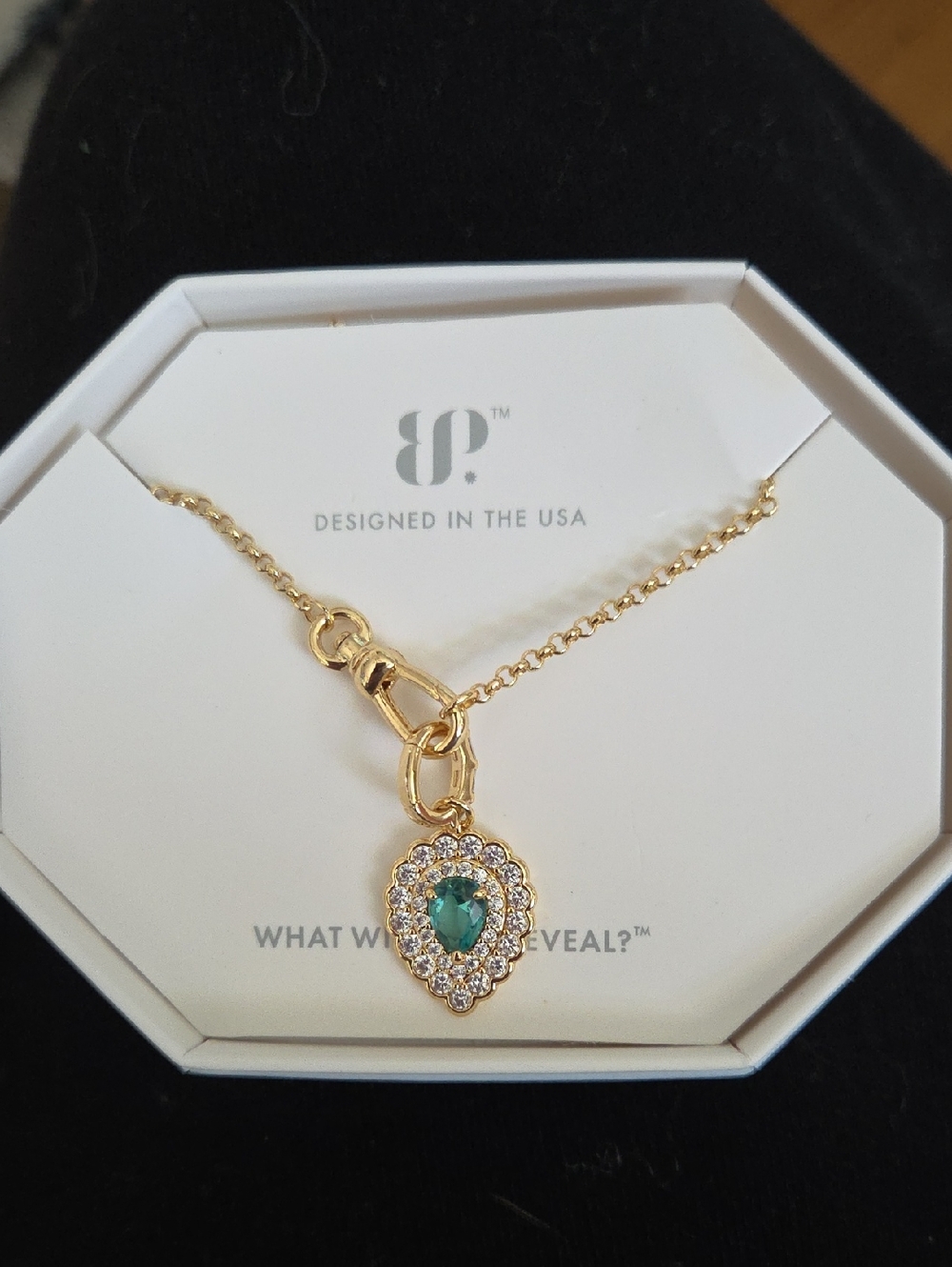 bp Gold-Tone Necklace with Green Teardrop Crystal Pendant